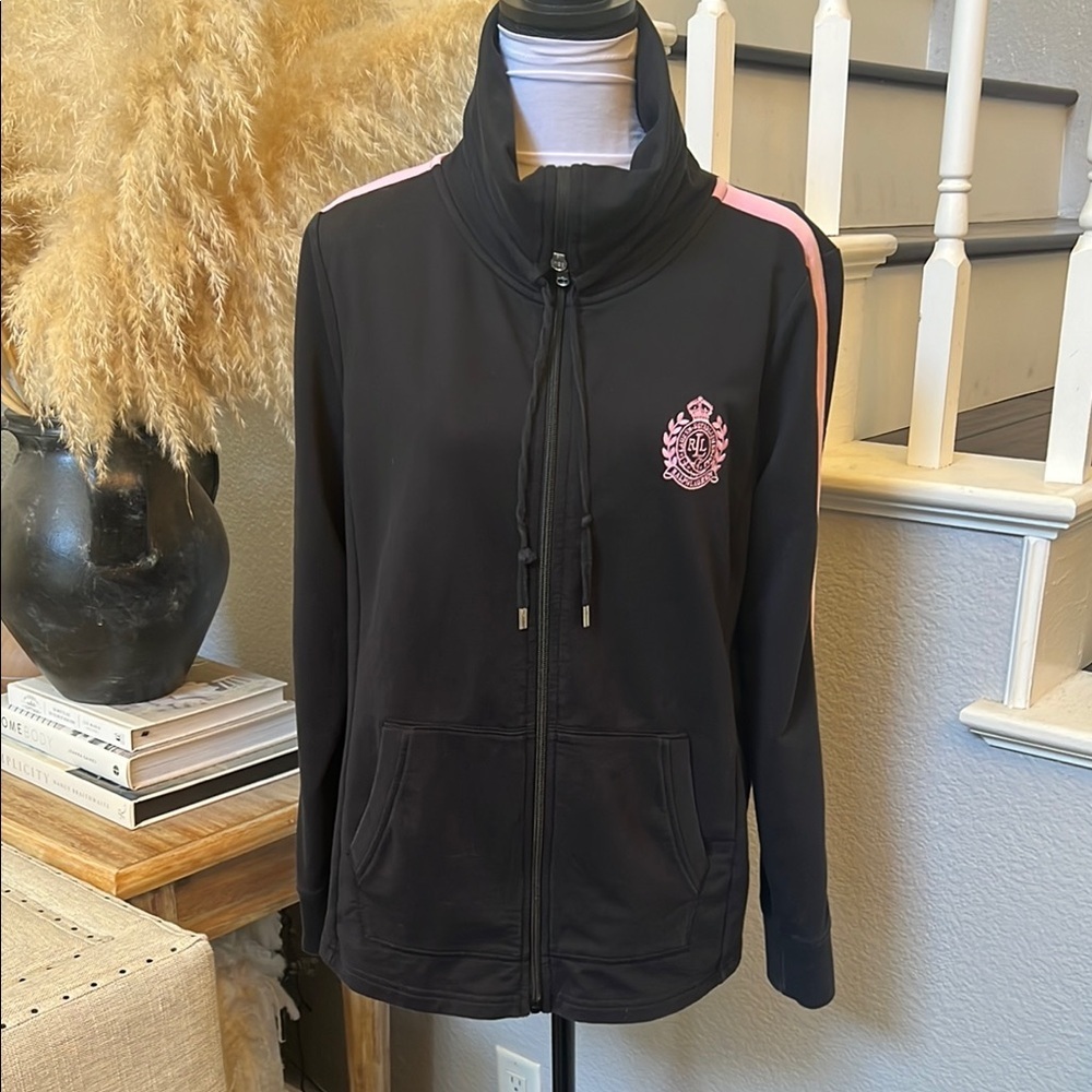 Ralph Lauren Black Pink Stripe Durable Cowl Collar Zip Up Sweatshirt Size XL